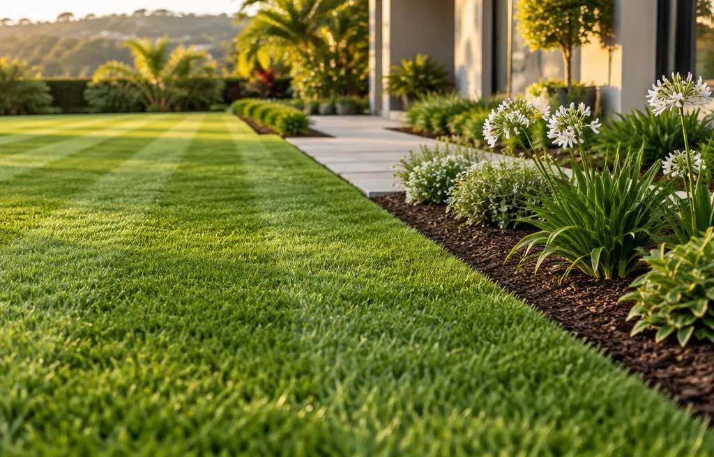 Freshly mowed lawn beside a neat garden bed